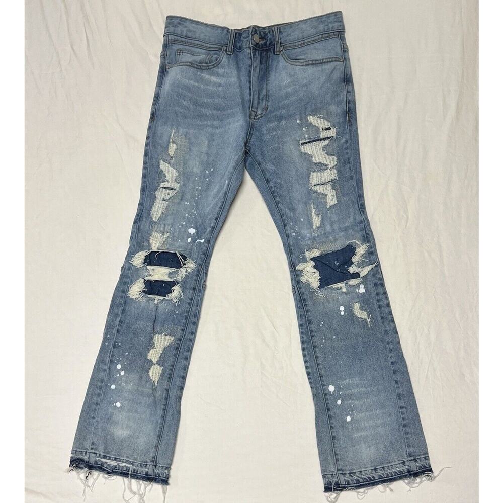 First Row Denim Knee Destroyed Slim Flare Jeans Men’s 32x33 Distressed Repaired